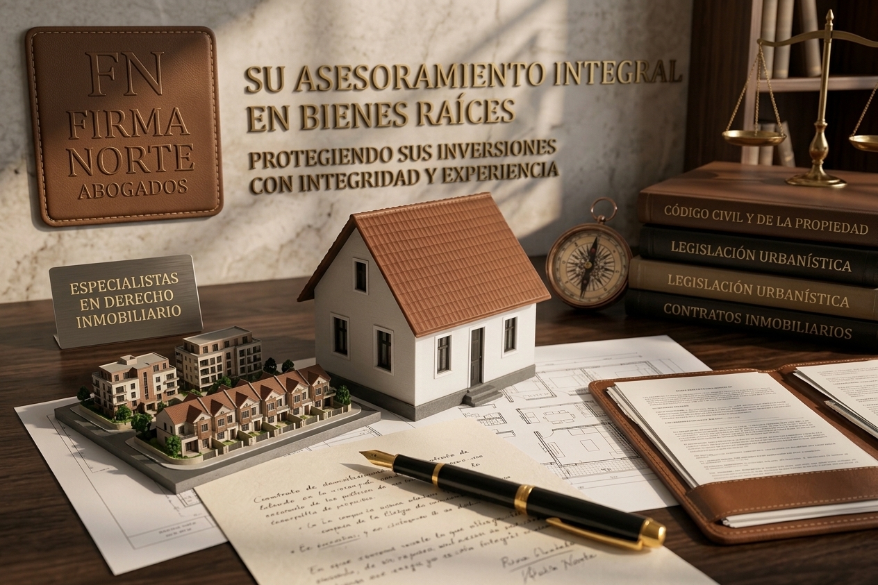 Maqueta de vivienda, planos y libros de legislación urbanística sobre un escritorio